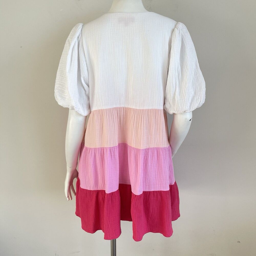 THML Women's Gauze Puff Sleeve Tiered Mini Dress M Resort Coastal Summer - Picture 6 of 14